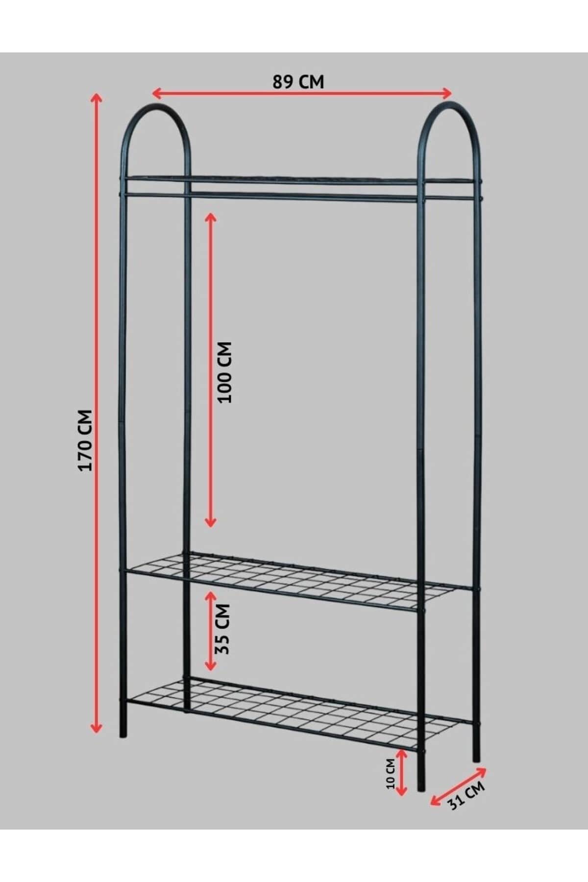 Elit 3 Siyah Metal Raflı Ayaklı Elbise Askılığı 170 x 89 cm