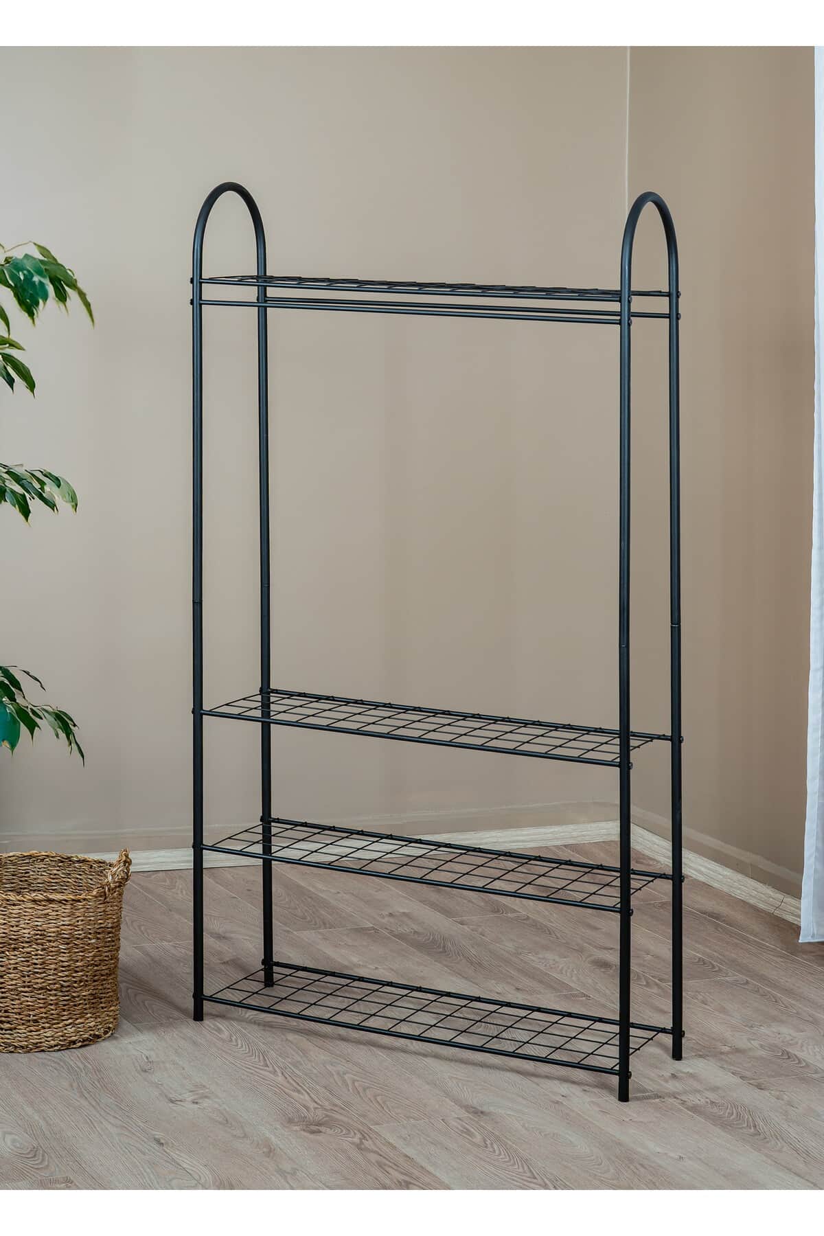 Elit 4 Siyah Metal Raflı Ayaklı Elbise Askılığı 170 x 89 cm