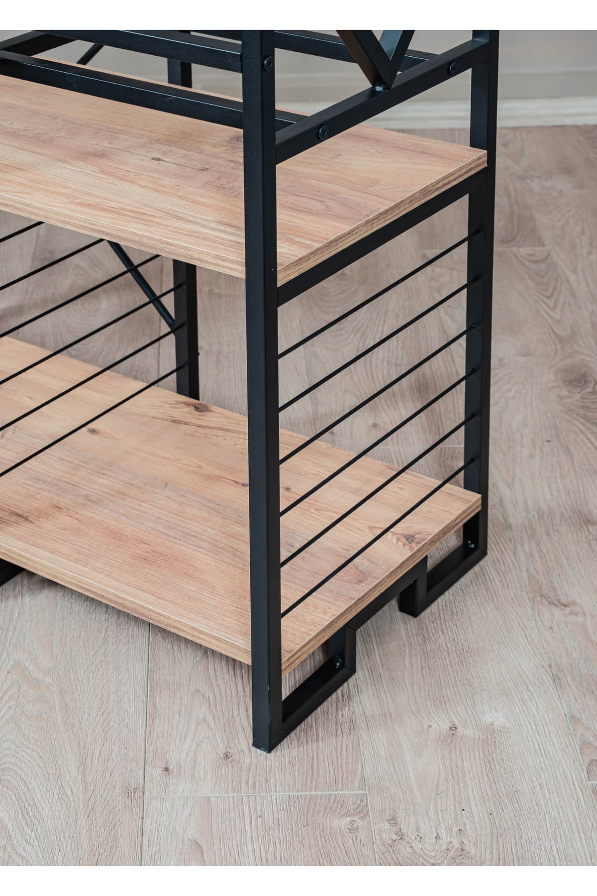 Metal Gövdeli Ahşap Raflı Dekoratif Plaklık Standı 90 x 90 cm