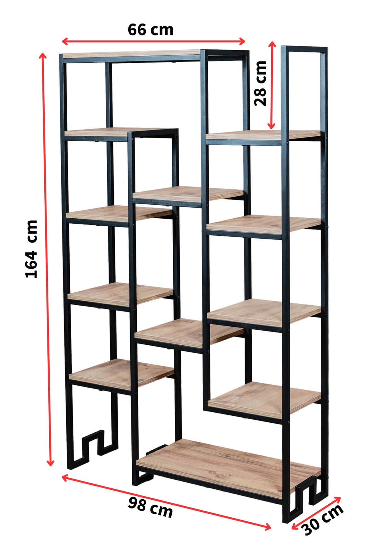 12 Raflı Kitaplık, Metal Gövdeli Ahşap Raflı Çok Amaçlı Ünite 98x30x164 cm