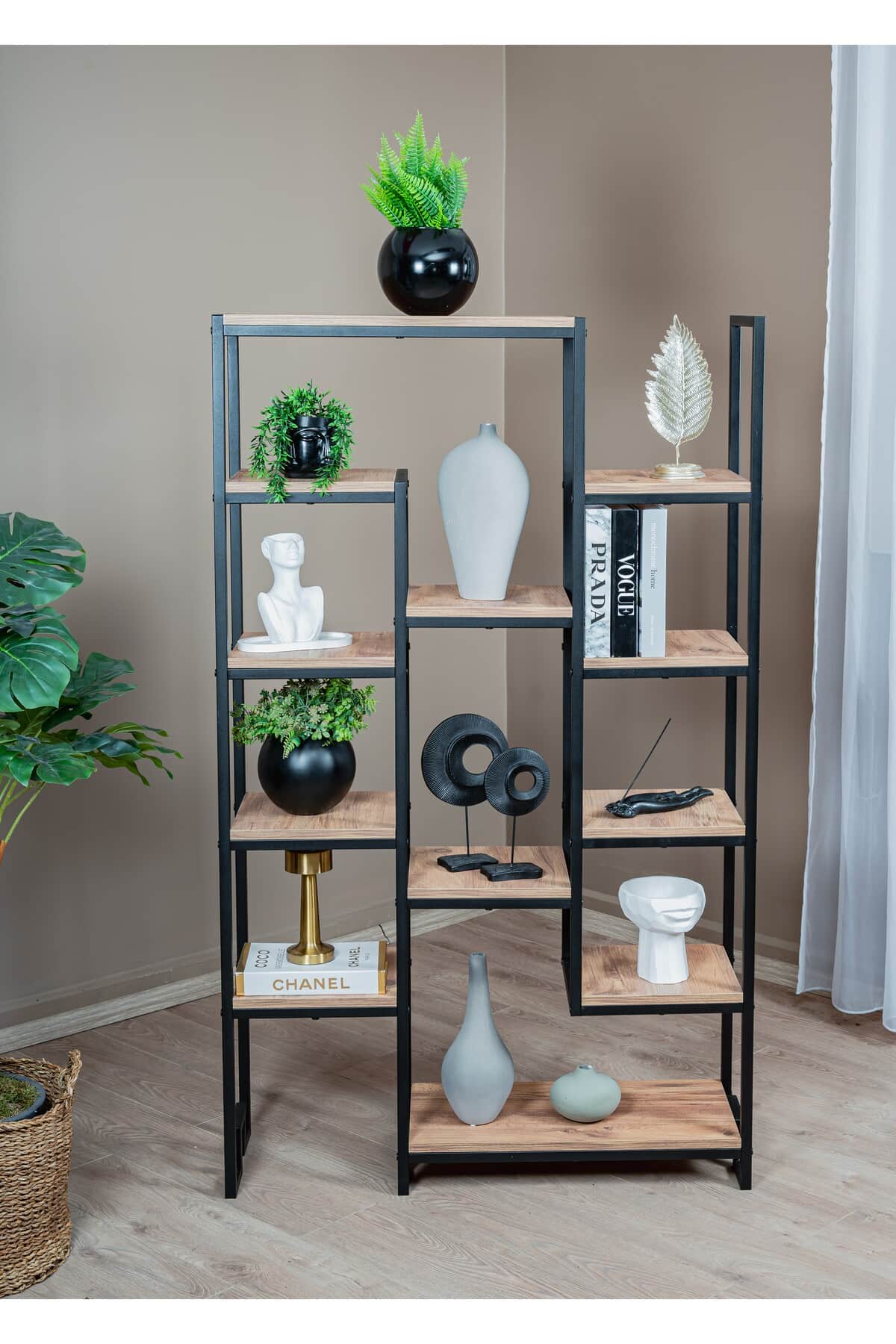 12 Raflı Kitaplık, Metal Gövdeli Ahşap Raflı Çok Amaçlı Ünite 98x30x164 cm