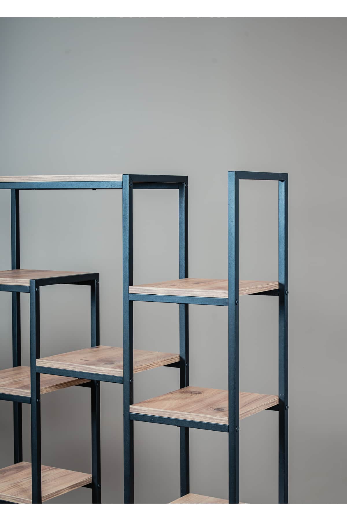 12 Raflı Kitaplık, Metal Gövdeli Ahşap Raflı Çok Amaçlı Ünite 98x30x164 cm