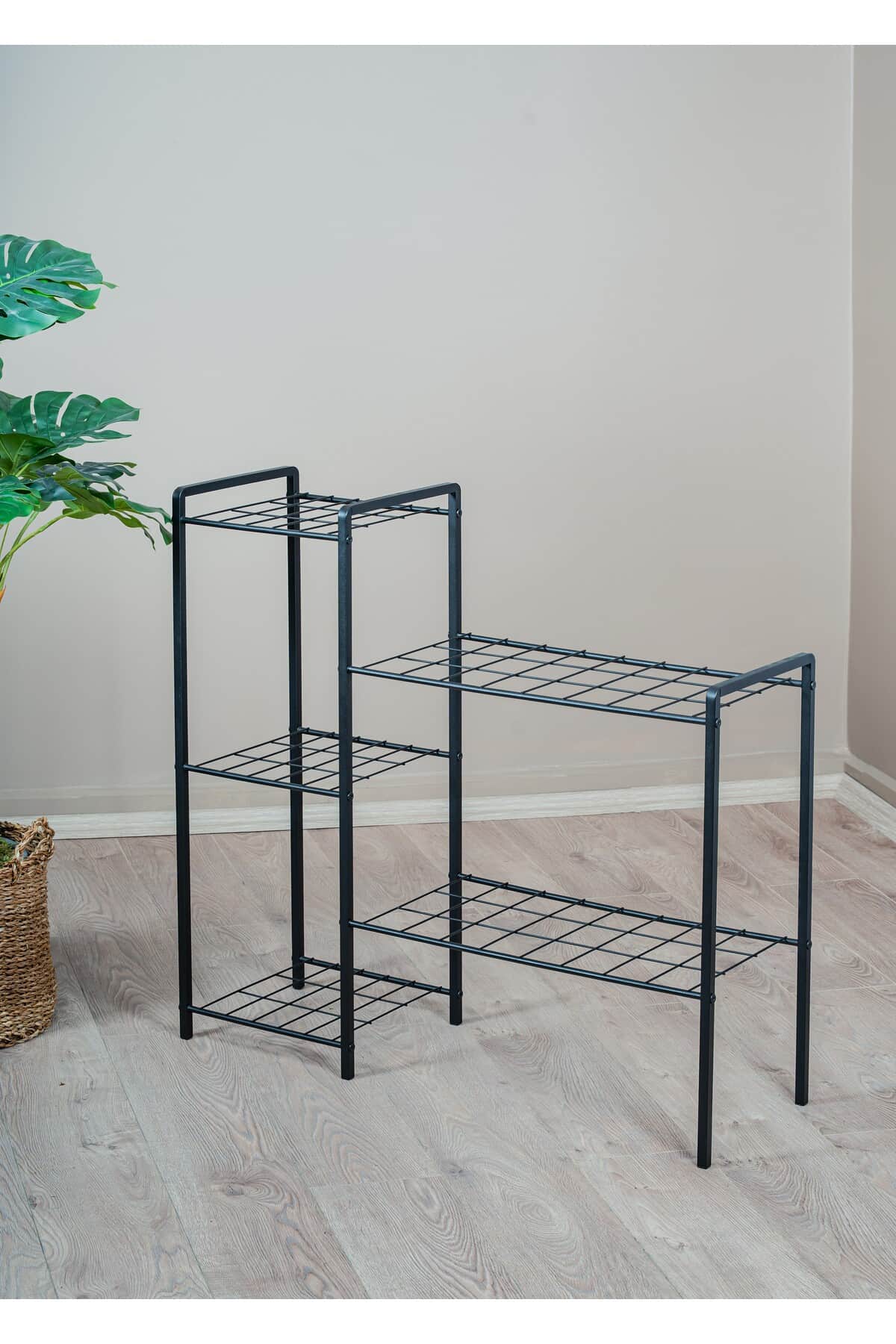 Garden 5 Raflı Siyah Metal Saksılık, Bahçe Balkon ve Salon Bitkileri İçin