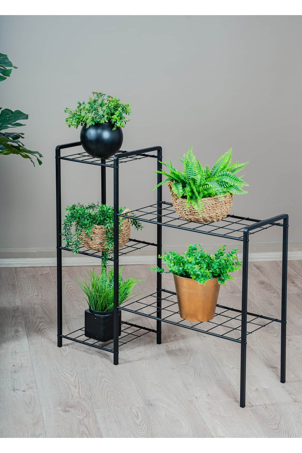 Garden 5 Raflı Siyah Metal Saksılık, Bahçe Balkon ve Salon Bitkileri İçin