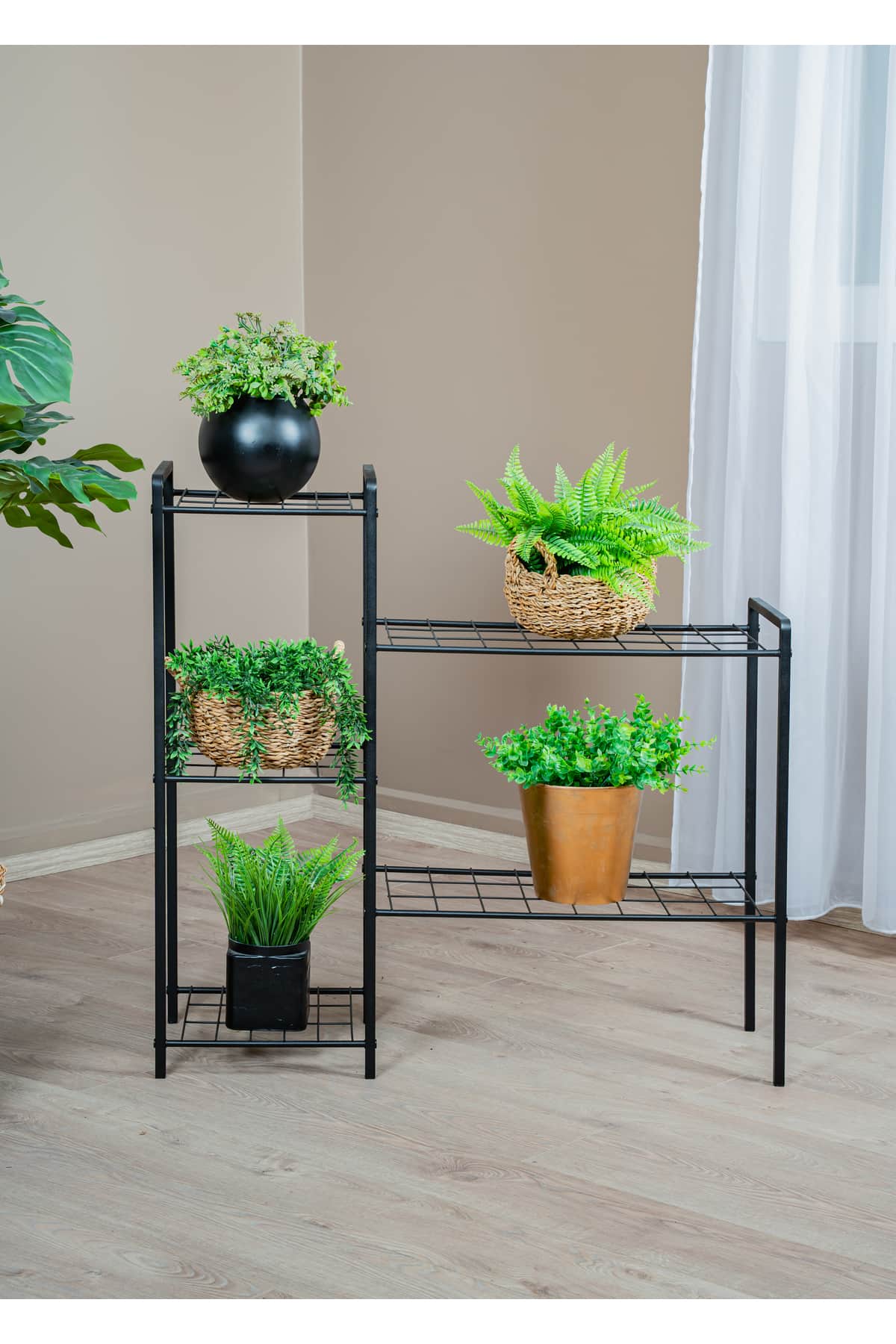 Garden 5 Raflı Siyah Metal Saksılık, Bahçe Balkon ve Salon Bitkileri İçin