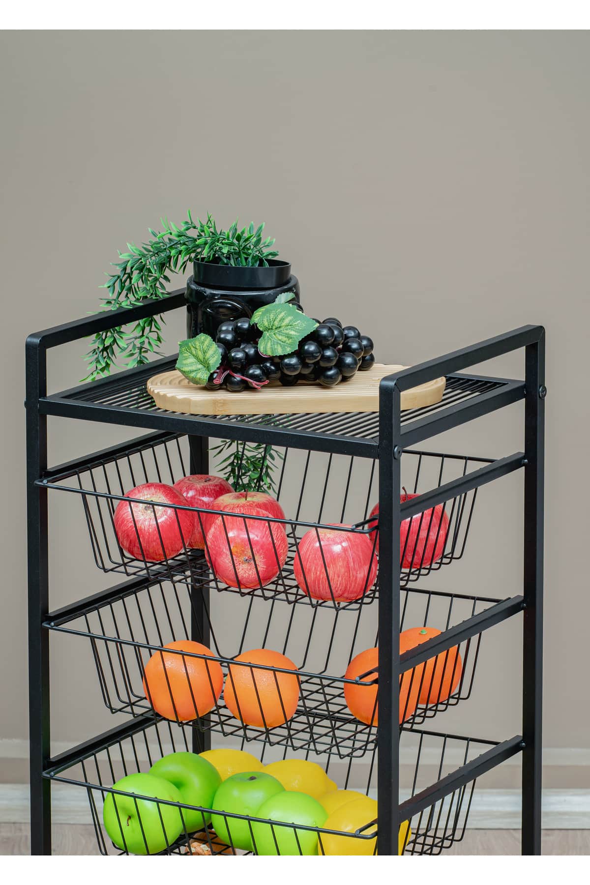 Tekerlekli Siyah Metal 4 Çekmeceli Sebzelik 88x40 cm