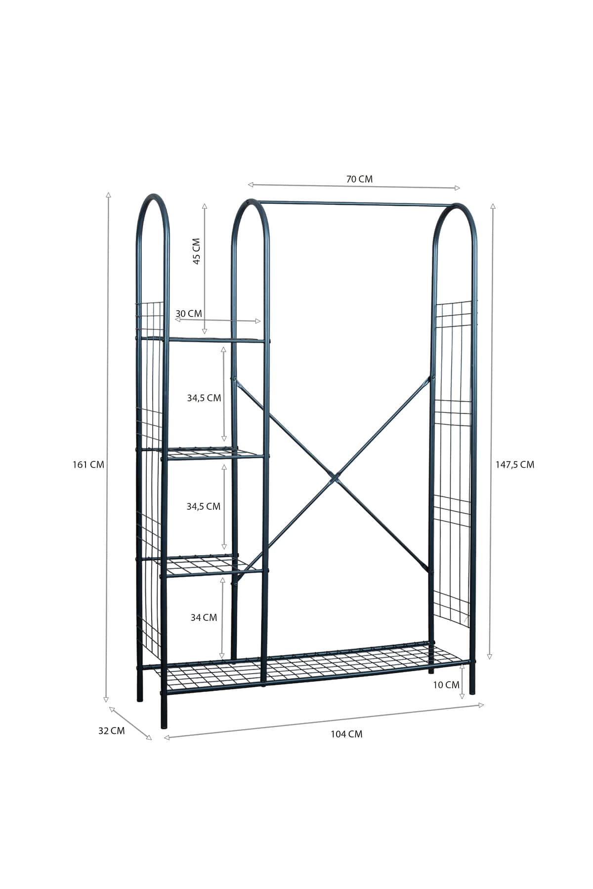 Elite 5 Raflı Siyah Metal Elbise Askılığı ve Portmanto 104x161 cm