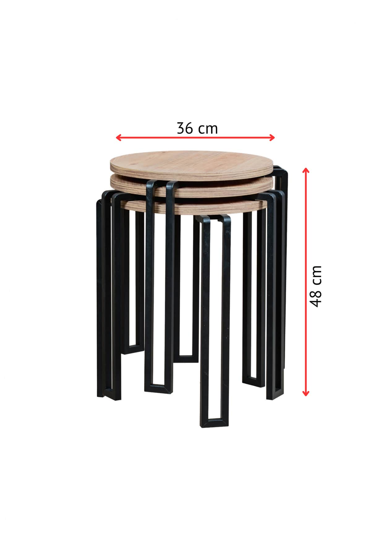 Yuvarlak 3 Katlı Zigon Sehpa, Metal Ayaklı Çam Ahşap Dekoratif Orta Sehpa