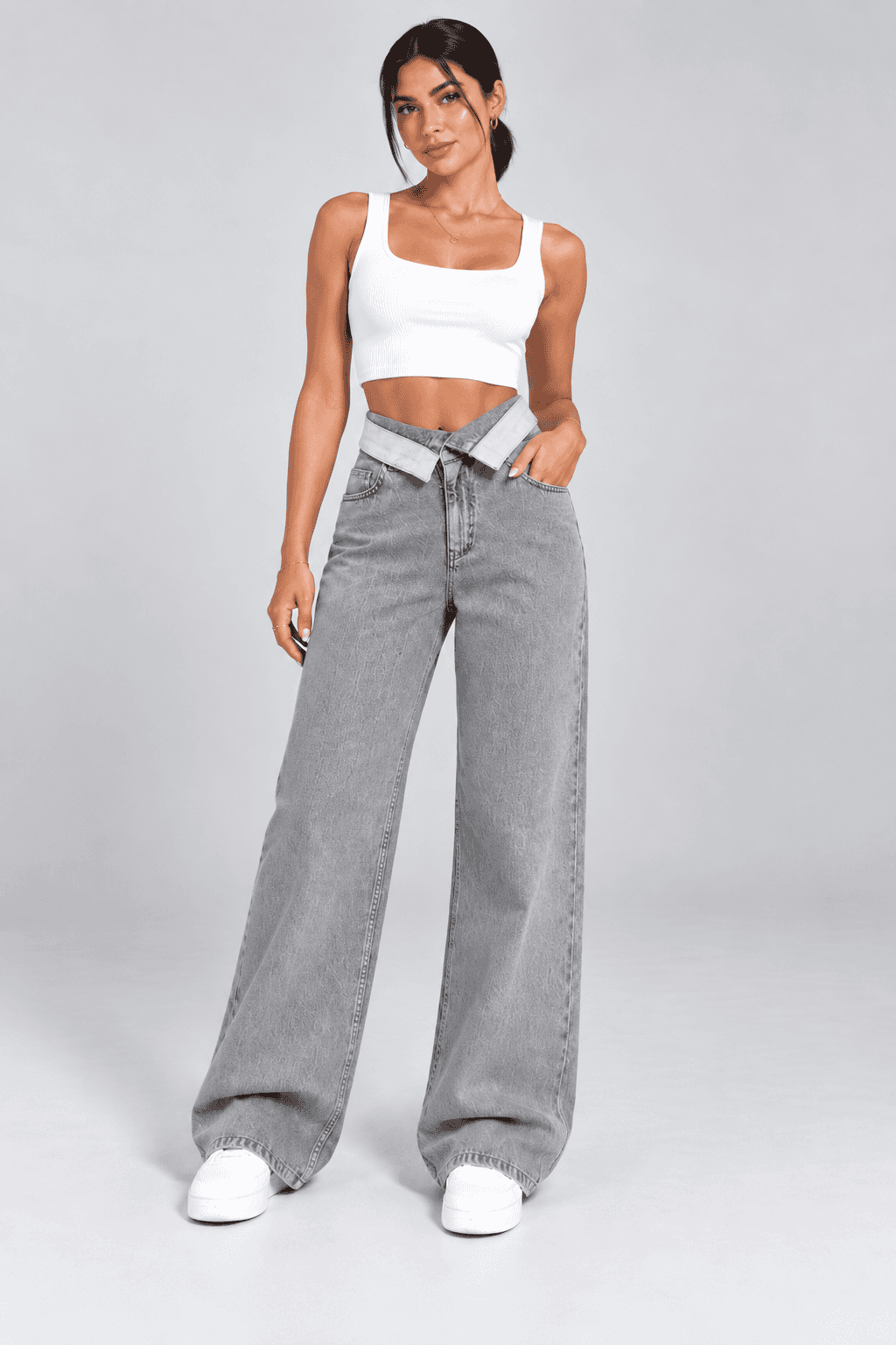 Kemer Yaka Detaylı Kar Siyah Wide Leg Jean