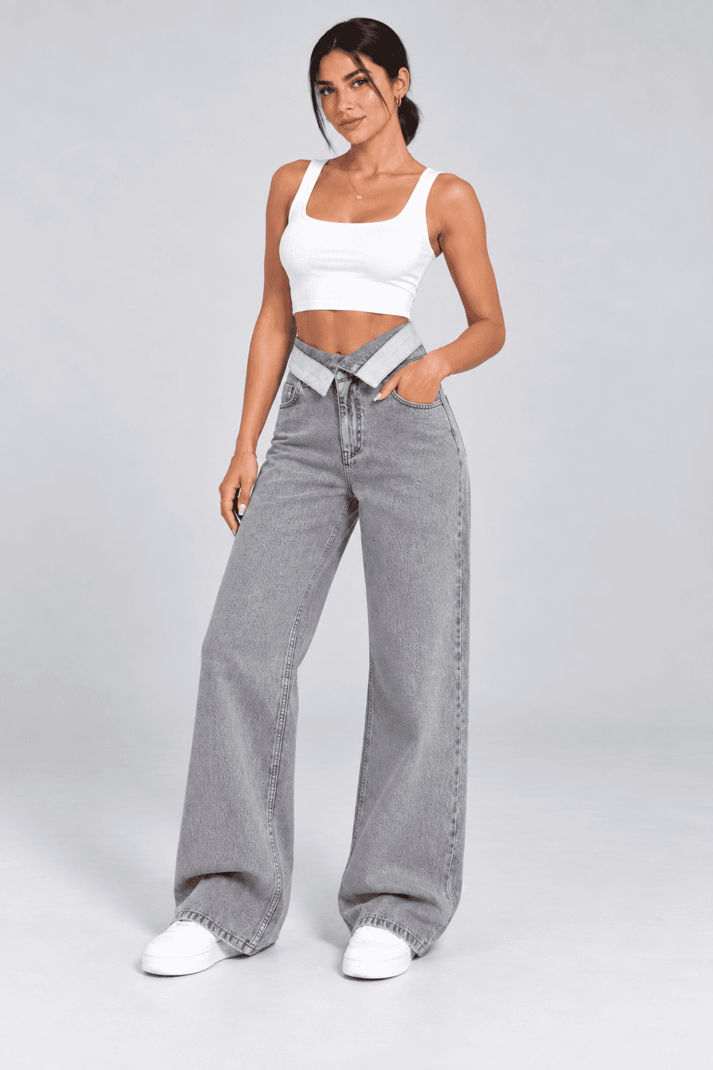 Kemer Yaka Detaylı Kar Siyah Wide Leg Jean