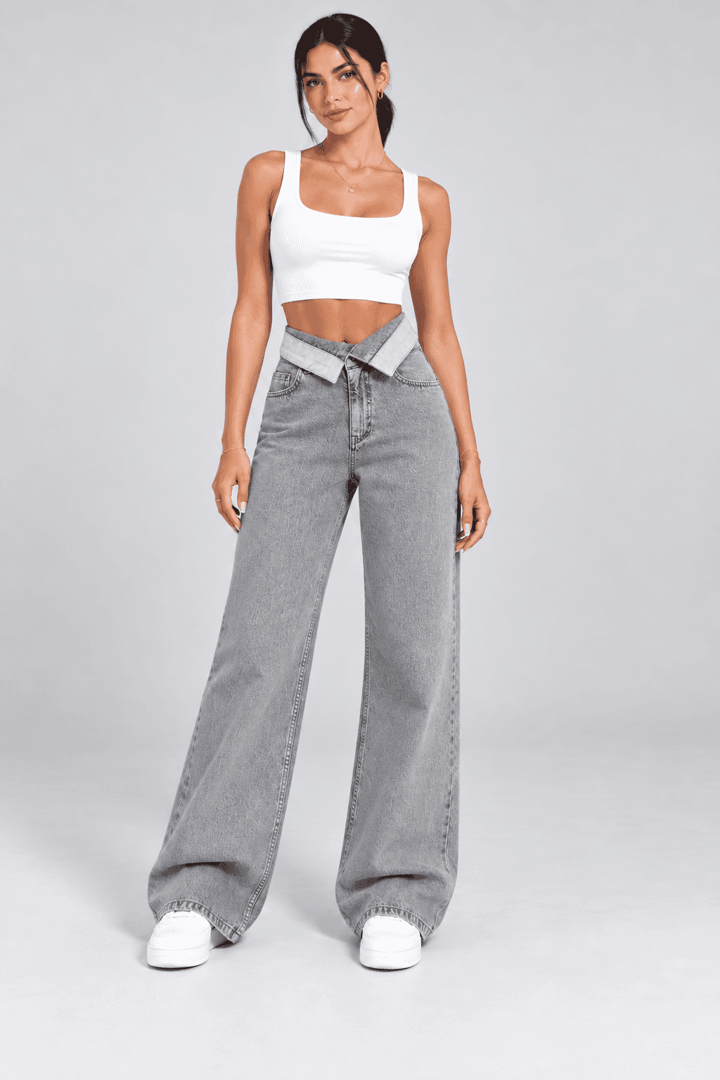 Kemer Yaka Detaylı Kar Siyah Wide Leg Jean