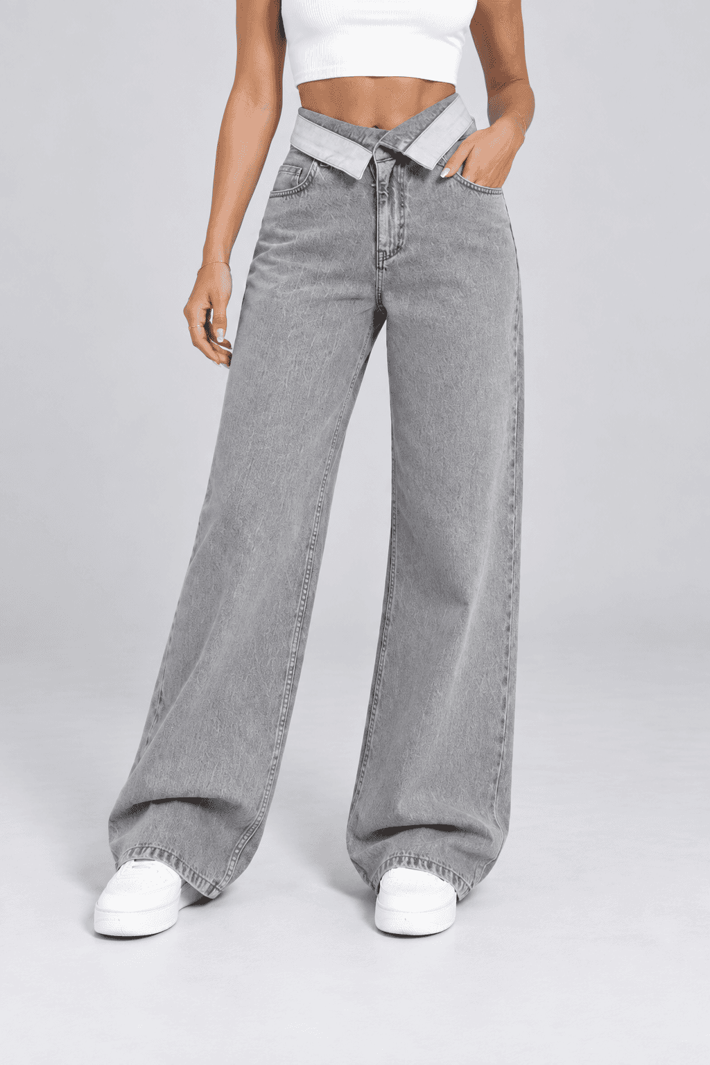 Kemer Yaka Detaylı Kar Siyah Wide Leg Jean
