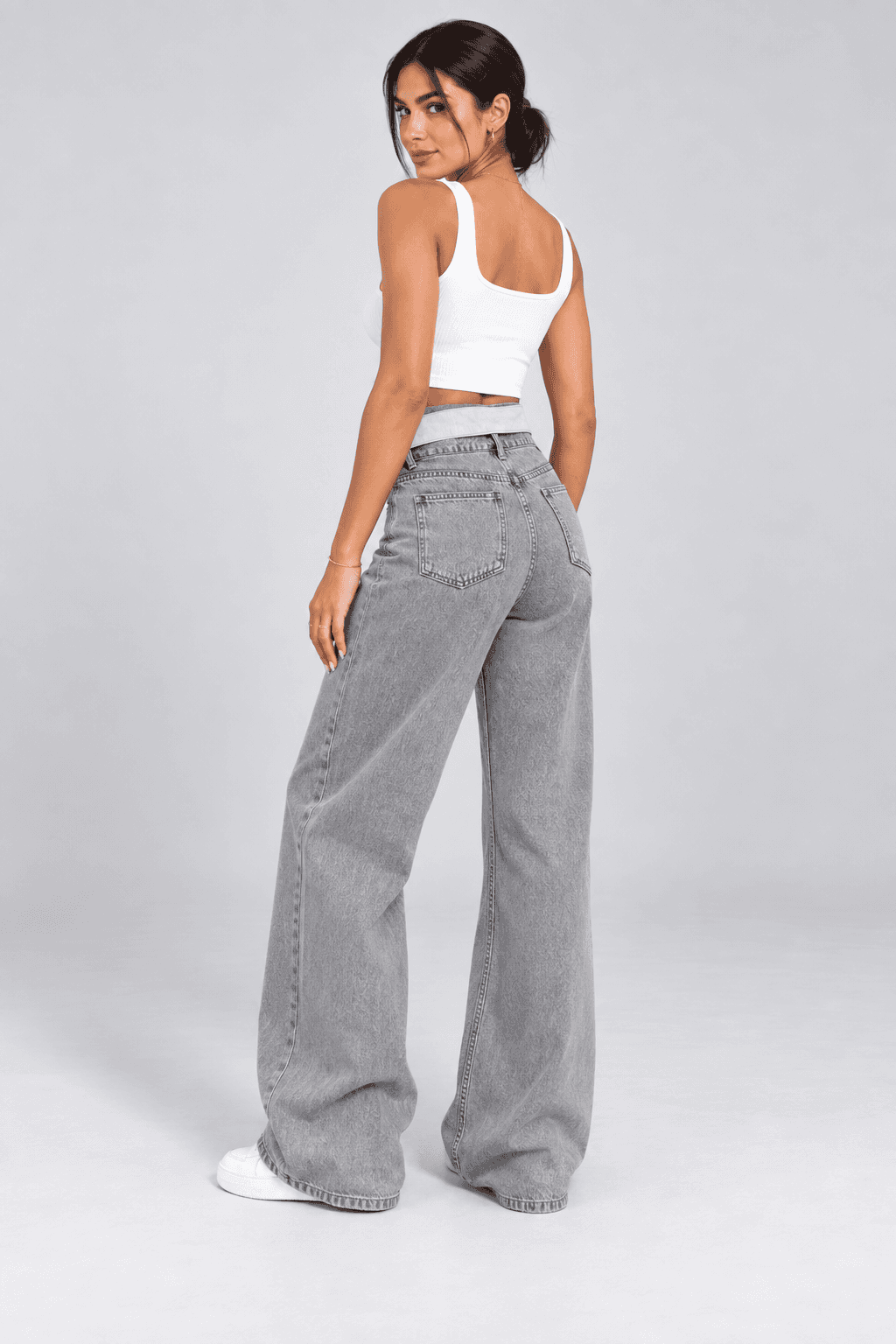 Kemer Yaka Detaylı Kar Siyah Wide Leg Jean