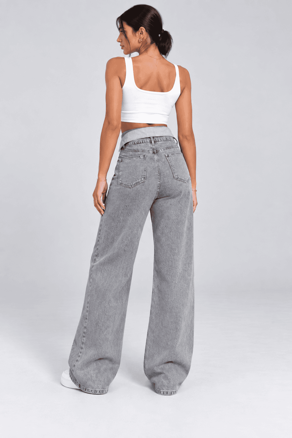 Kemer Yaka Detaylı Kar Siyah Wide Leg Jean