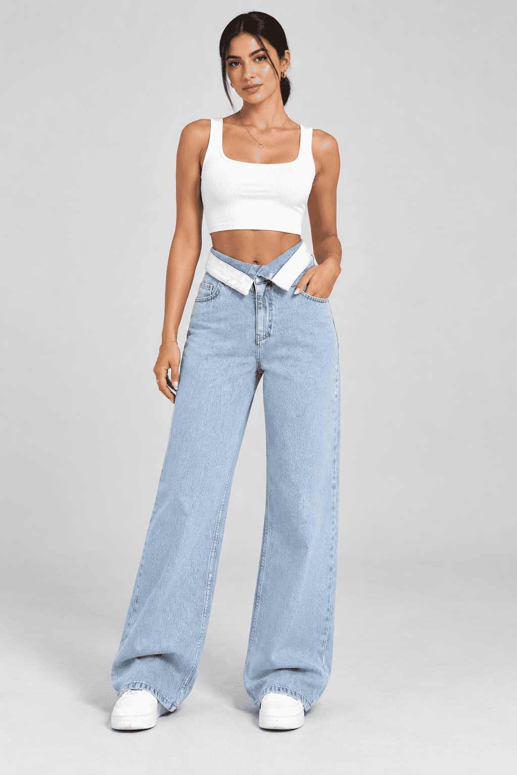 Kemer Yaka Detaylı Buz Kar Wide Leg Jean