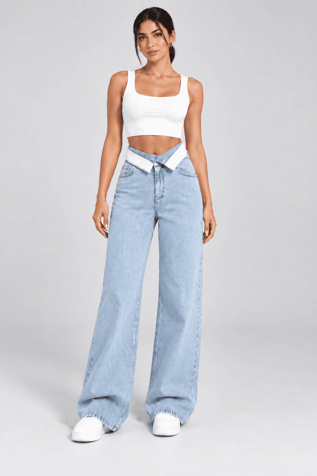 Kemer Yaka Detaylı Buz Kar Wide Leg Jean