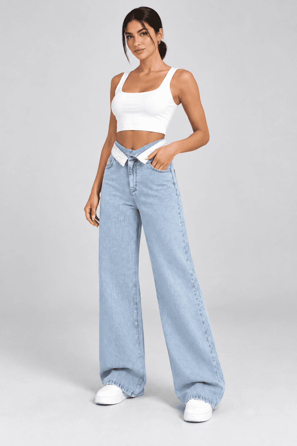 Kemer Yaka Detaylı Buz Kar Wide Leg Jean