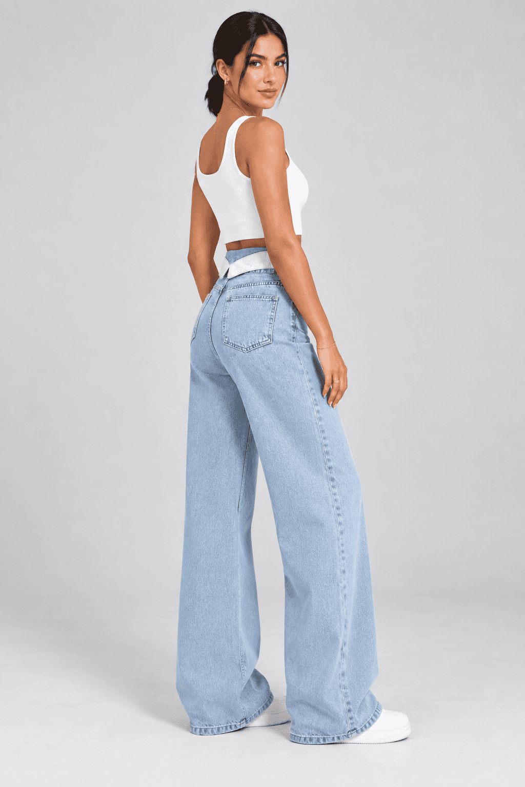 Kemer Yaka Detaylı Buz Kar Wide Leg Jean