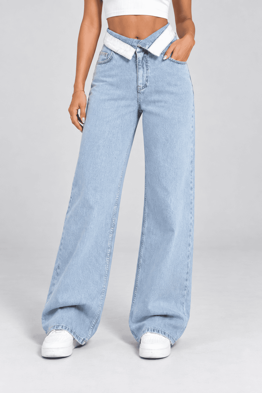 Kemer Yaka Detaylı Buz Kar Wide Leg Jean