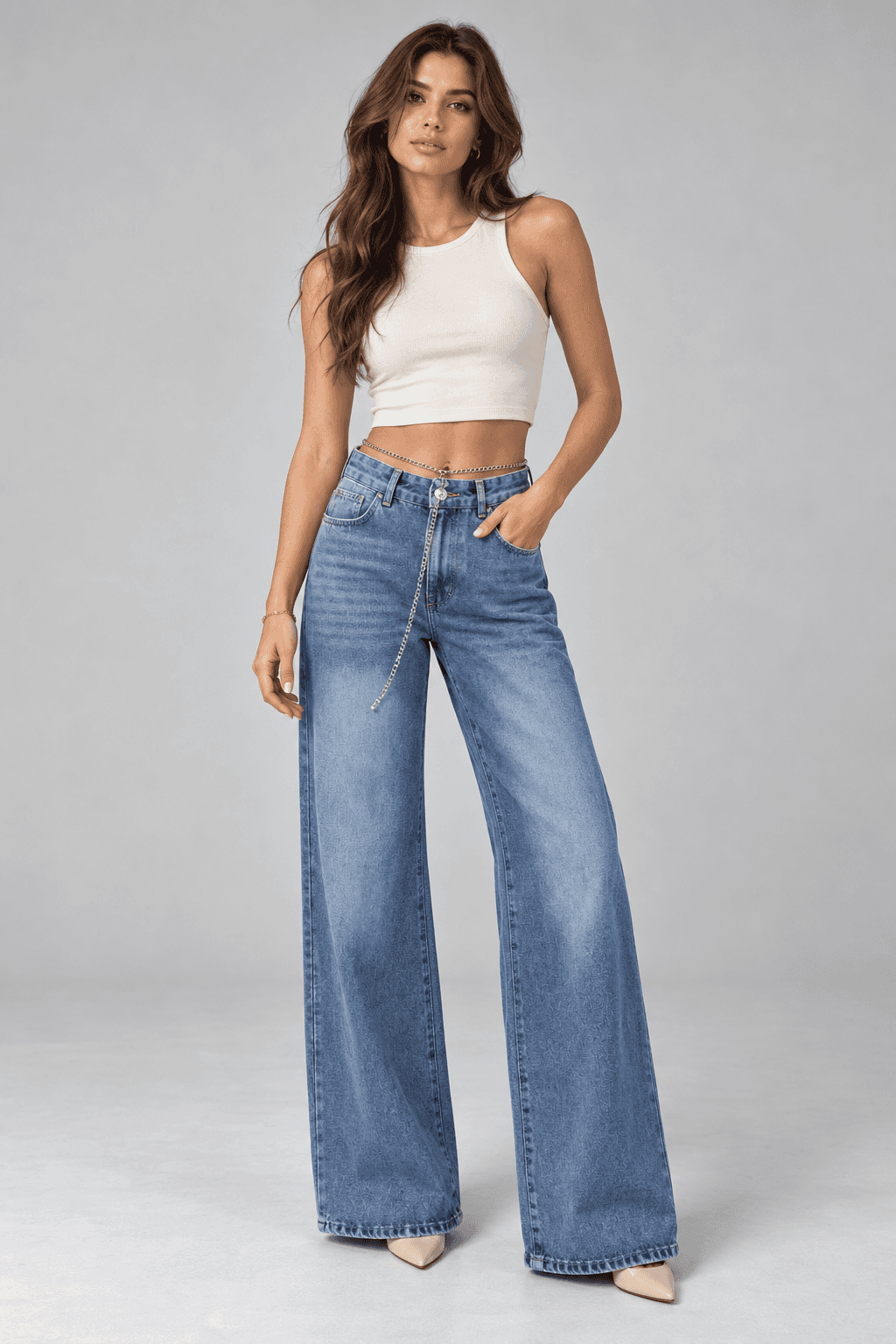 Mavi İşlemli Zincir Aksesuarlı Wide Leg Jean