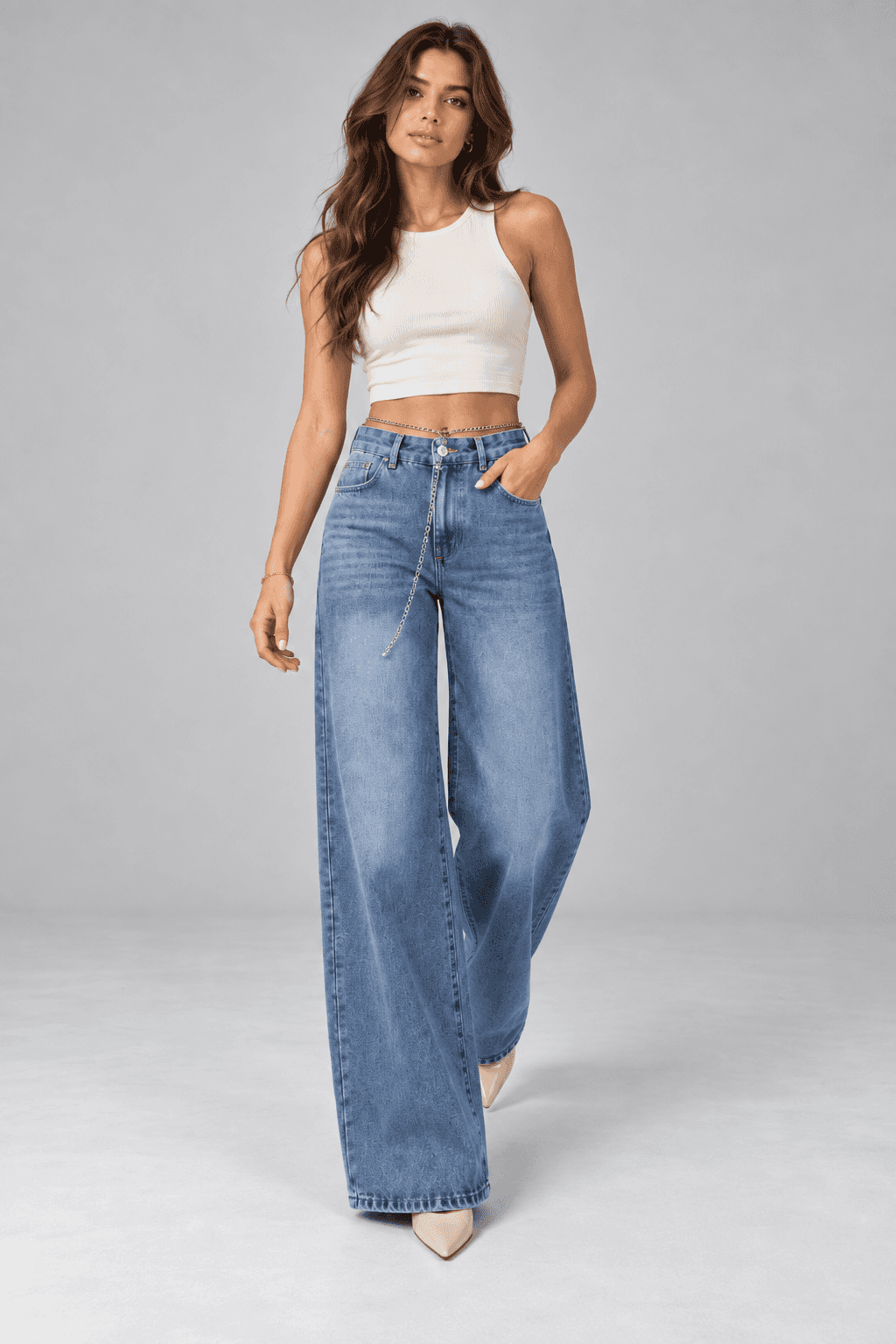 Mavi İşlemli Zincir Aksesuarlı Wide Leg Jean