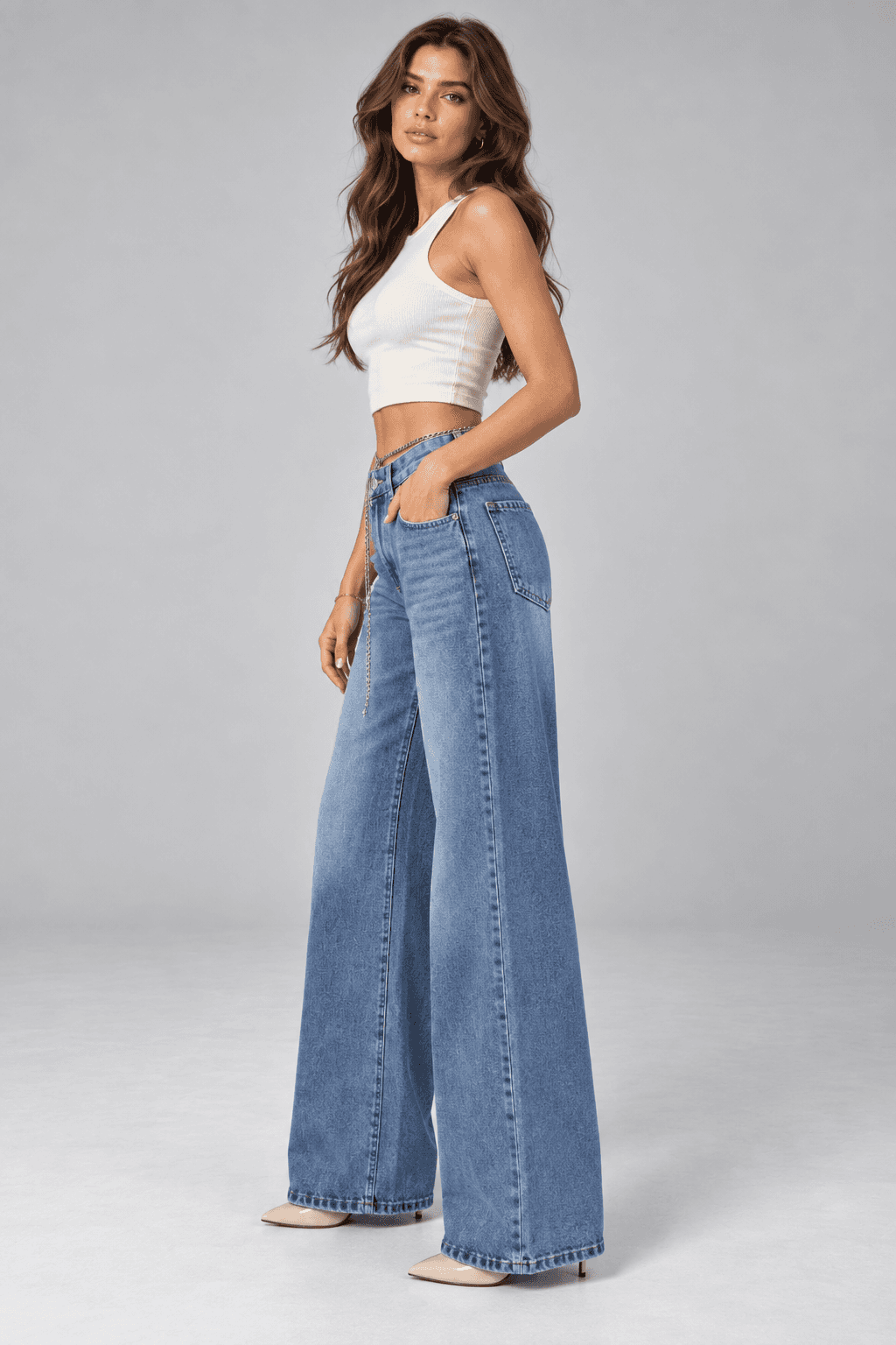 Mavi İşlemli Zincir Aksesuarlı Wide Leg Jean