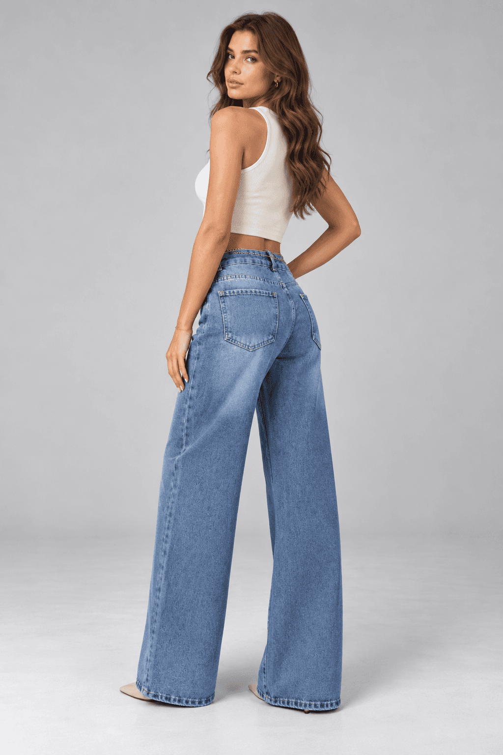 Mavi İşlemli Zincir Aksesuarlı Wide Leg Jean