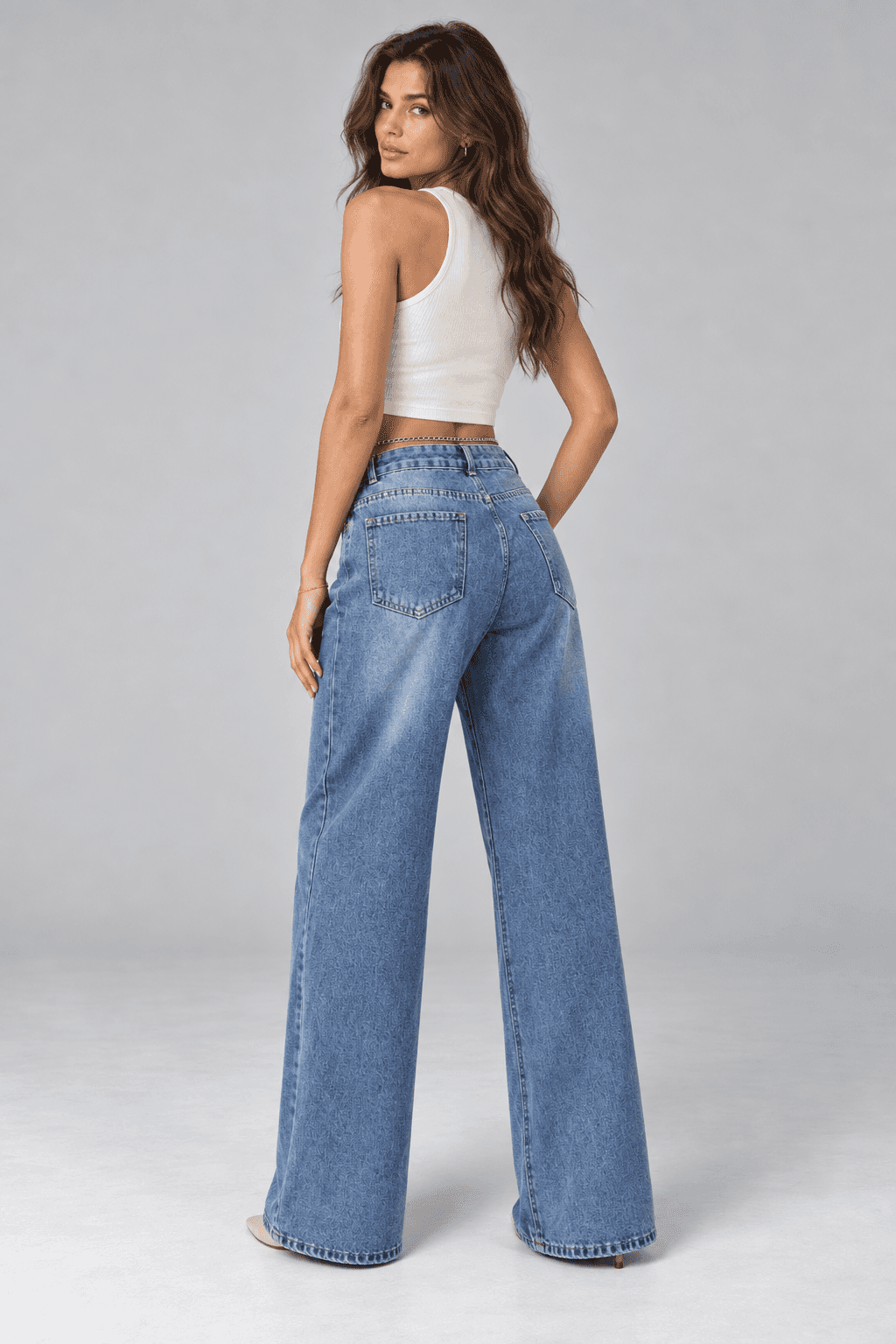Mavi İşlemli Zincir Aksesuarlı Wide Leg Jean