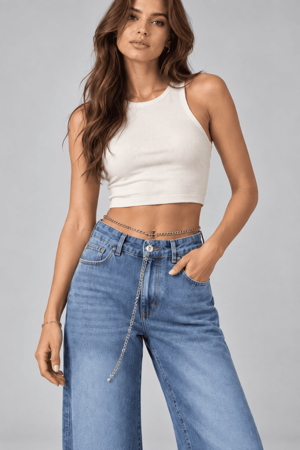 Mavi İşlemli Zincir Aksesuarlı Wide Leg Jean