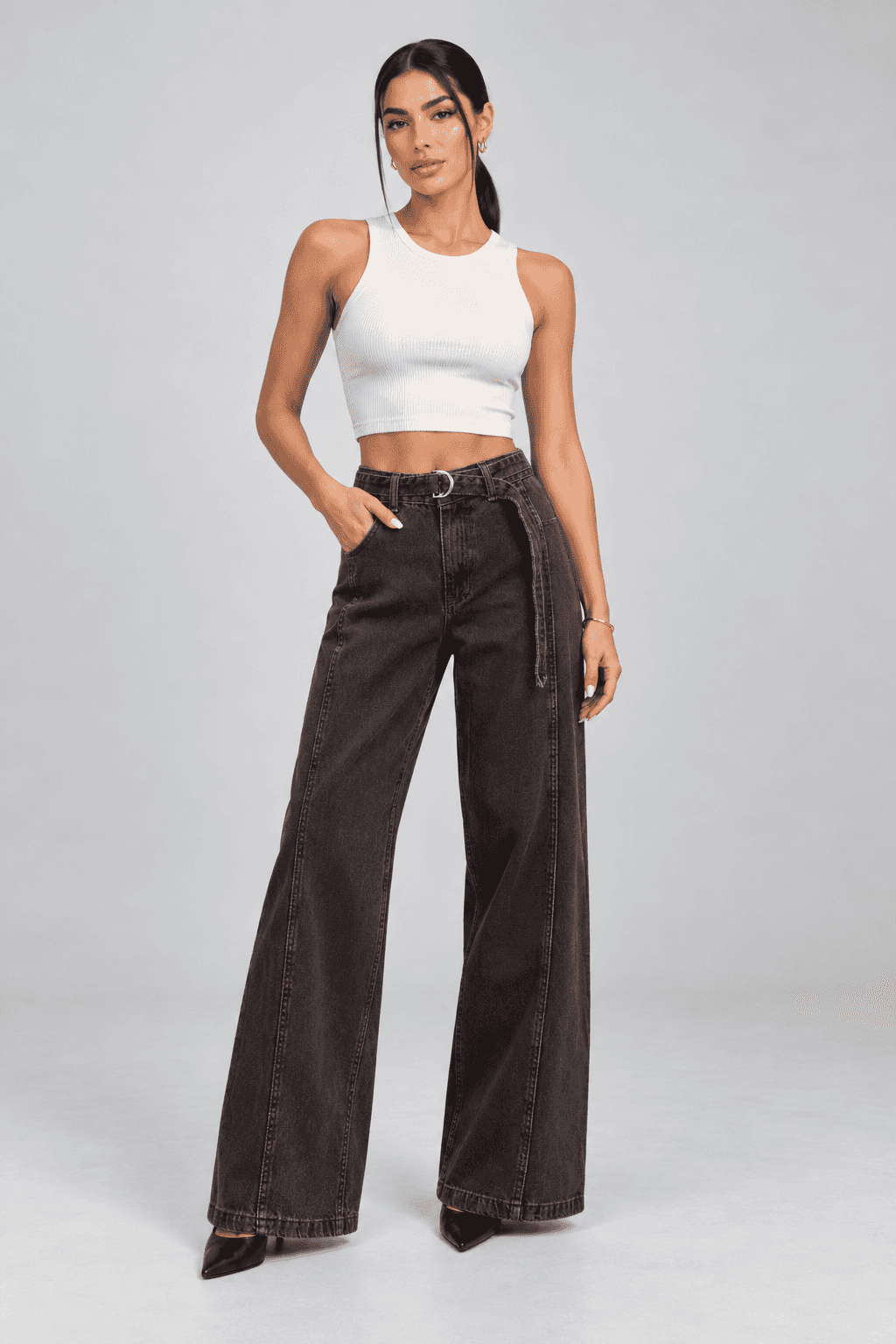 Kemer Detaylı Kahve Taşlamalı Wide Leg Jean