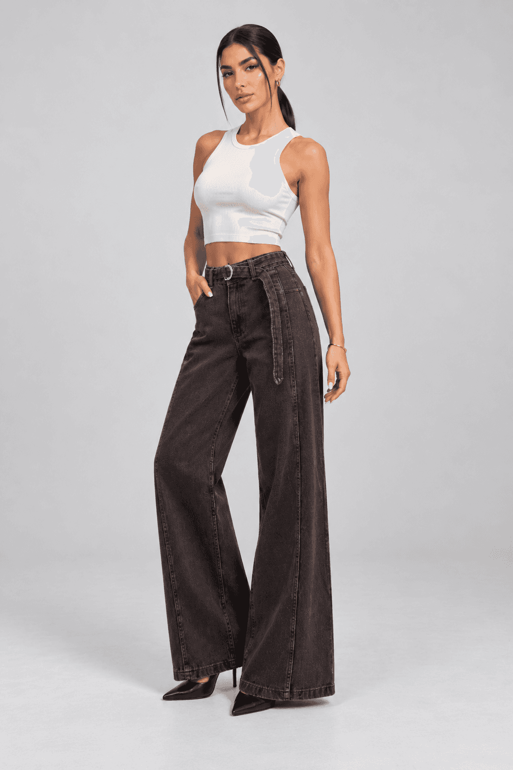 Kemer Detaylı Kahve Taşlamalı Wide Leg Jean