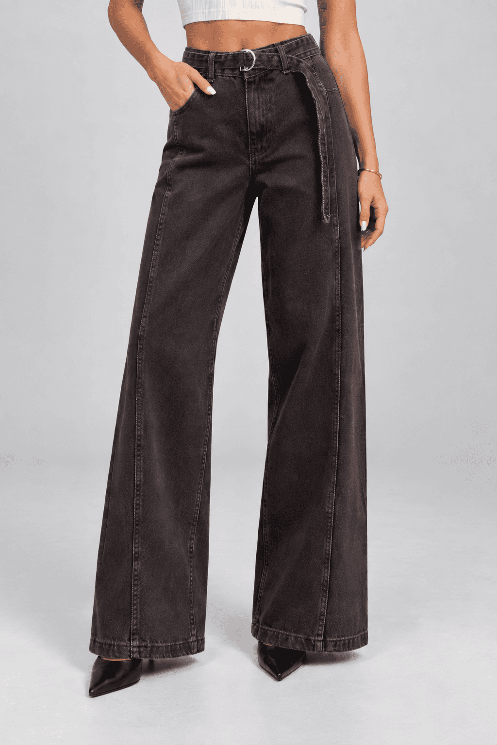 Kemer Detaylı Kahve Taşlamalı Wide Leg Jean