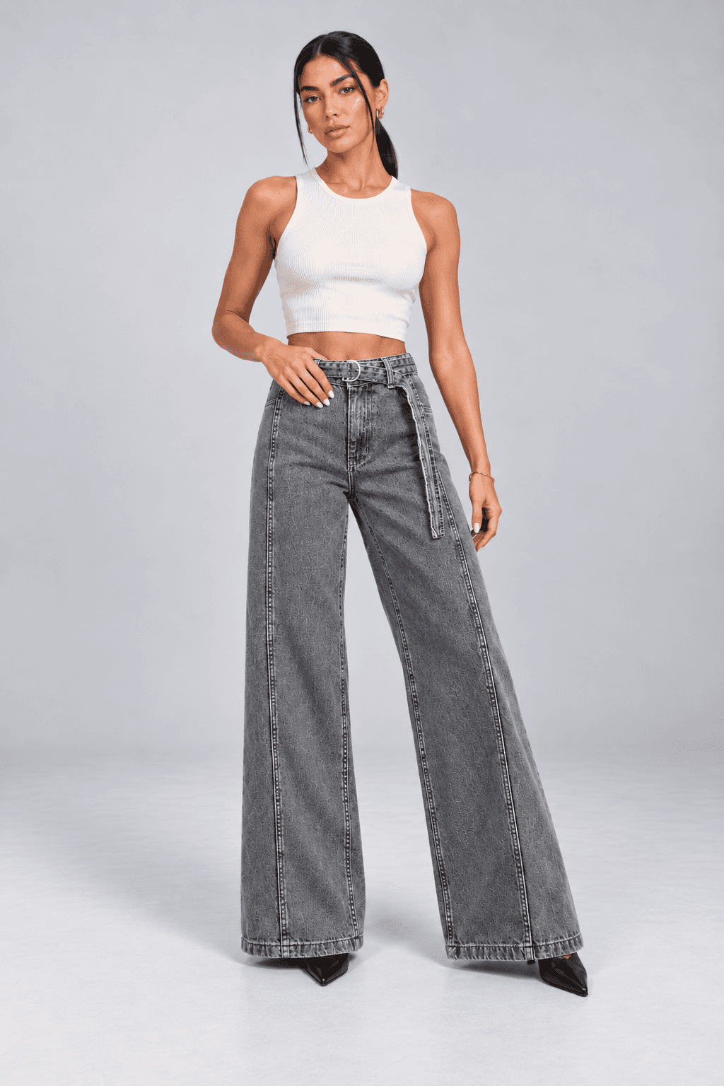 Kemer Detaylı Kar Siyah Wide Leg Jean