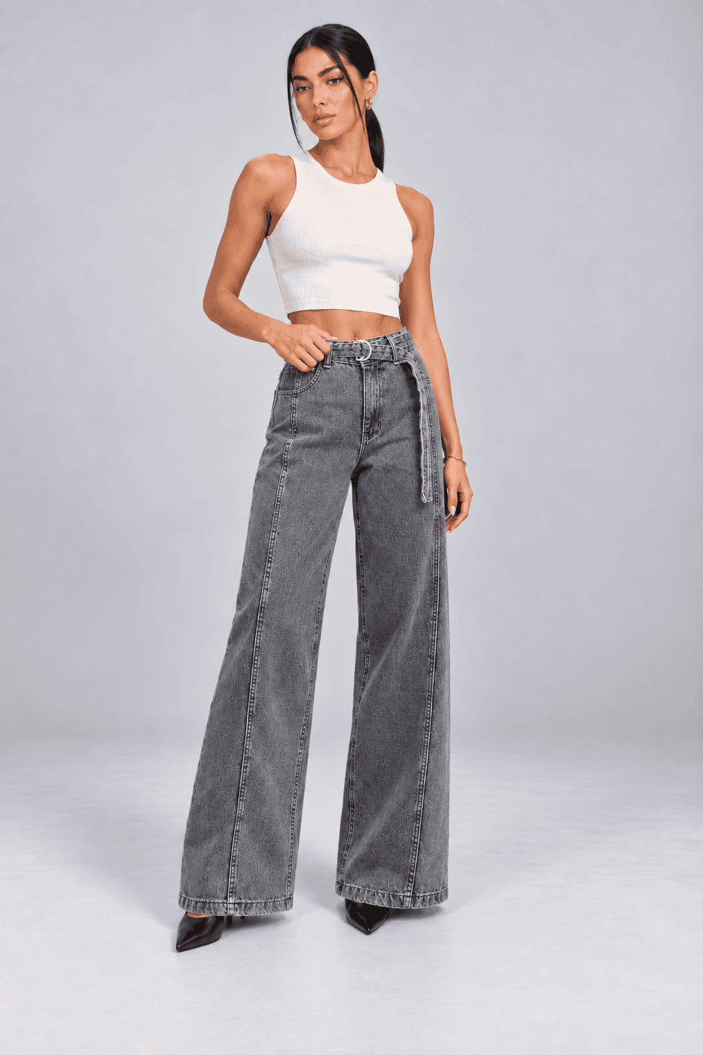 Kemer Detaylı Kar Siyah Wide Leg Jean