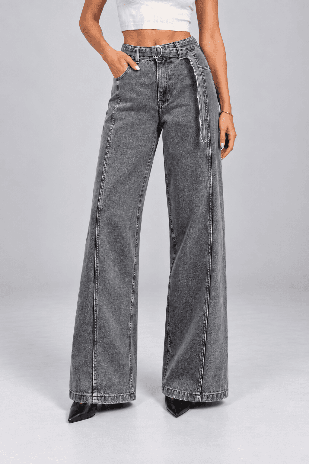 Kemer Detaylı Kar Siyah Wide Leg Jean