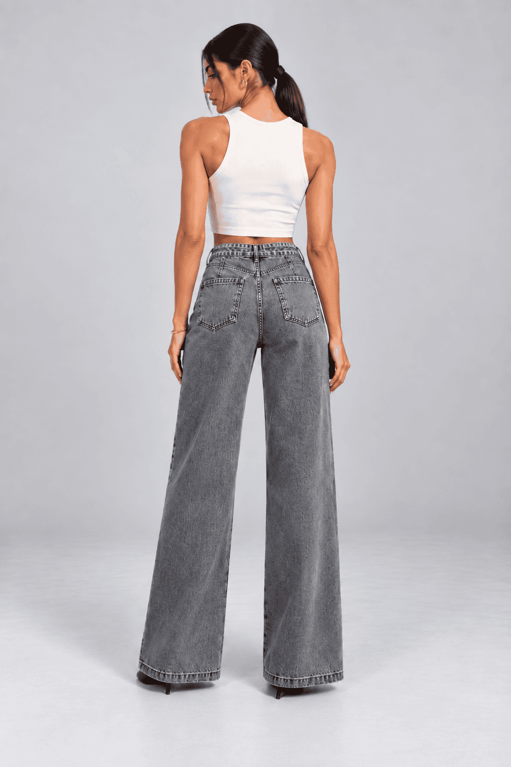 Kemer Detaylı Kar Siyah Wide Leg Jean