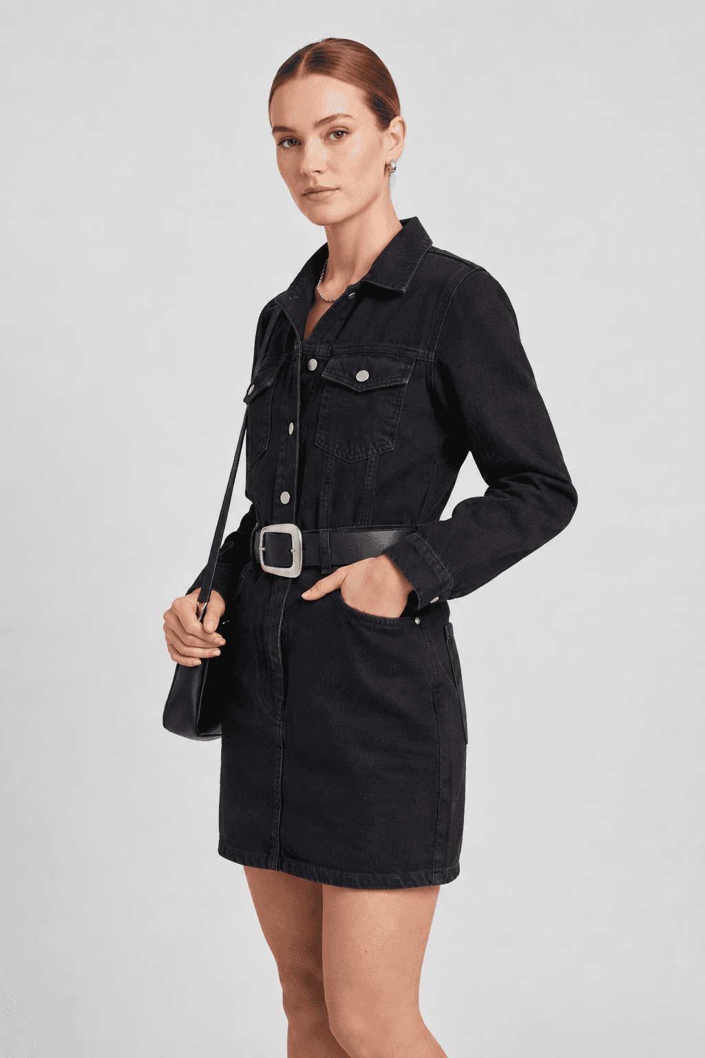 Uzun Kollu Düğmeli Siyah Denim Mini Elbise