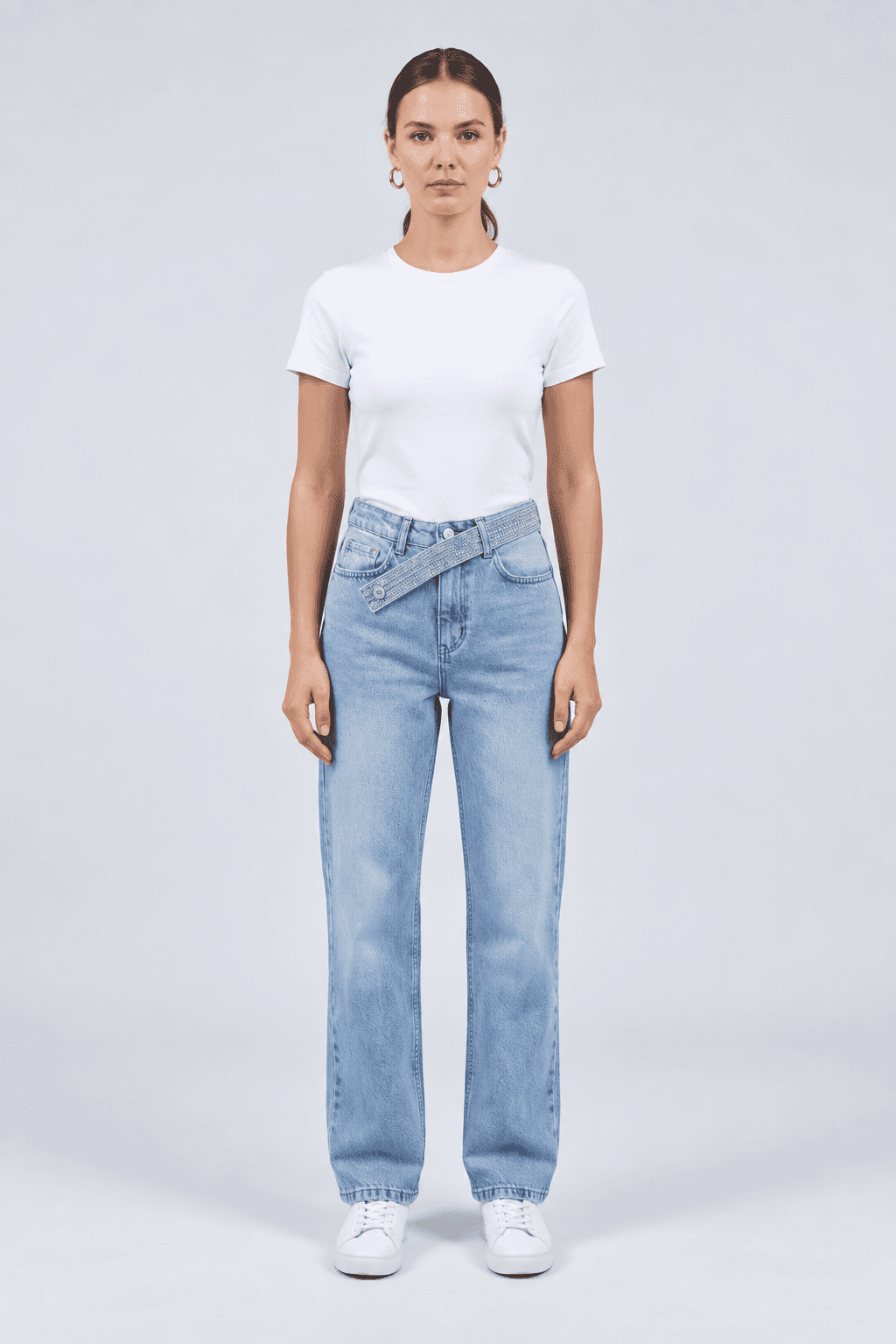 Taş Kemer Detaylı Buz Kar Straight Fit Jean