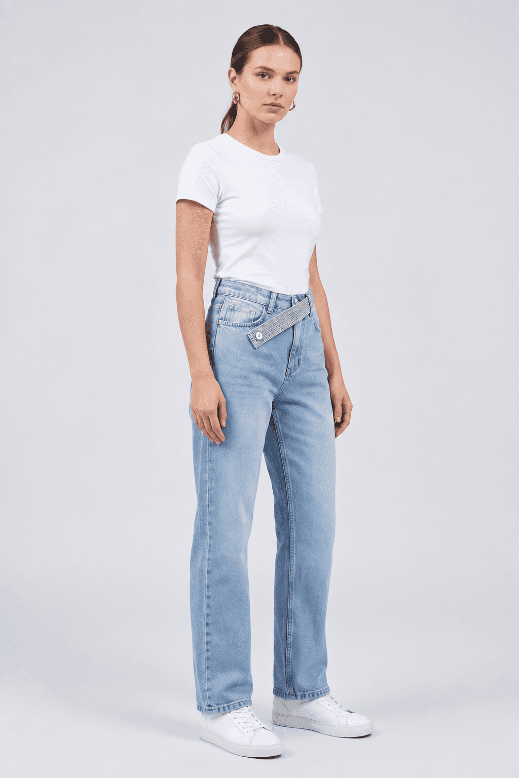 Taş Kemer Detaylı Buz Kar Straight Fit Jean