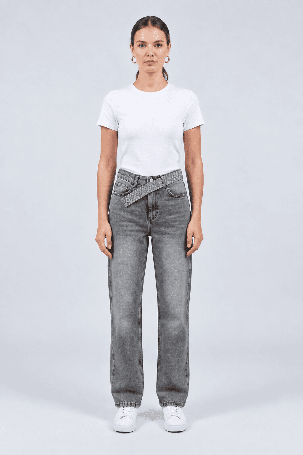 Taş Kemer Detaylı Kar Siyah Straight Fit Jean