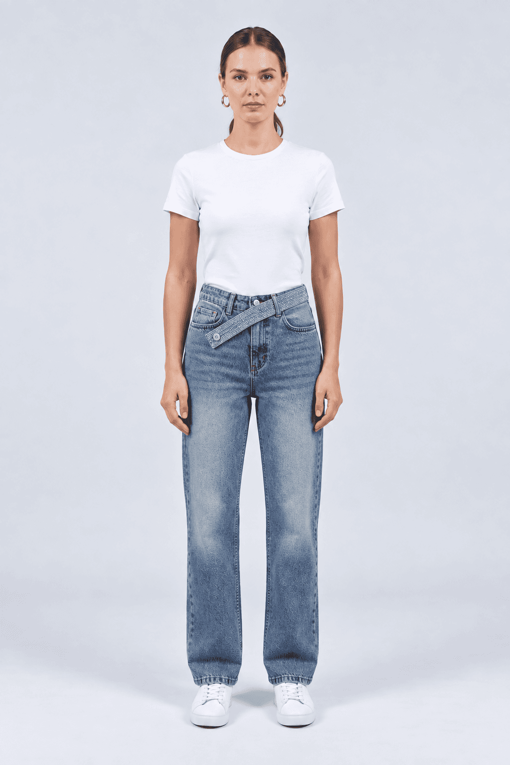 Taş Kemer Detaylı Mavi Yeşil Taşlamalı Straight Fit Jean