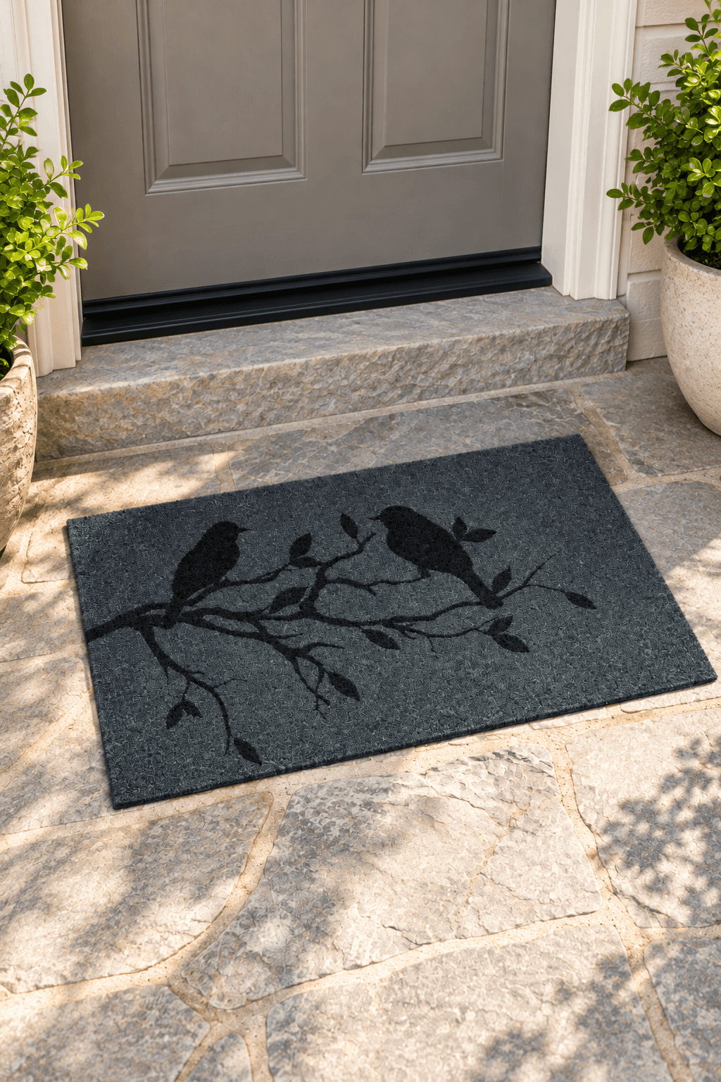 Gri Daldaki Kuş Desenli Kapı Önü Paspas 35x60 cm