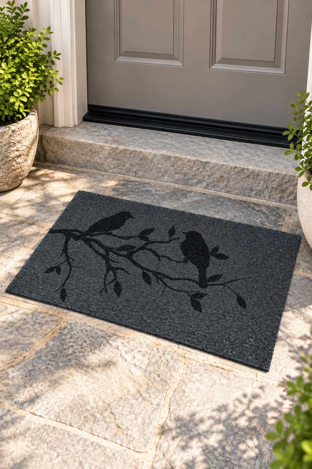 Gri Daldaki Kuş Desenli Kapı Önü Paspas 35x60 cm