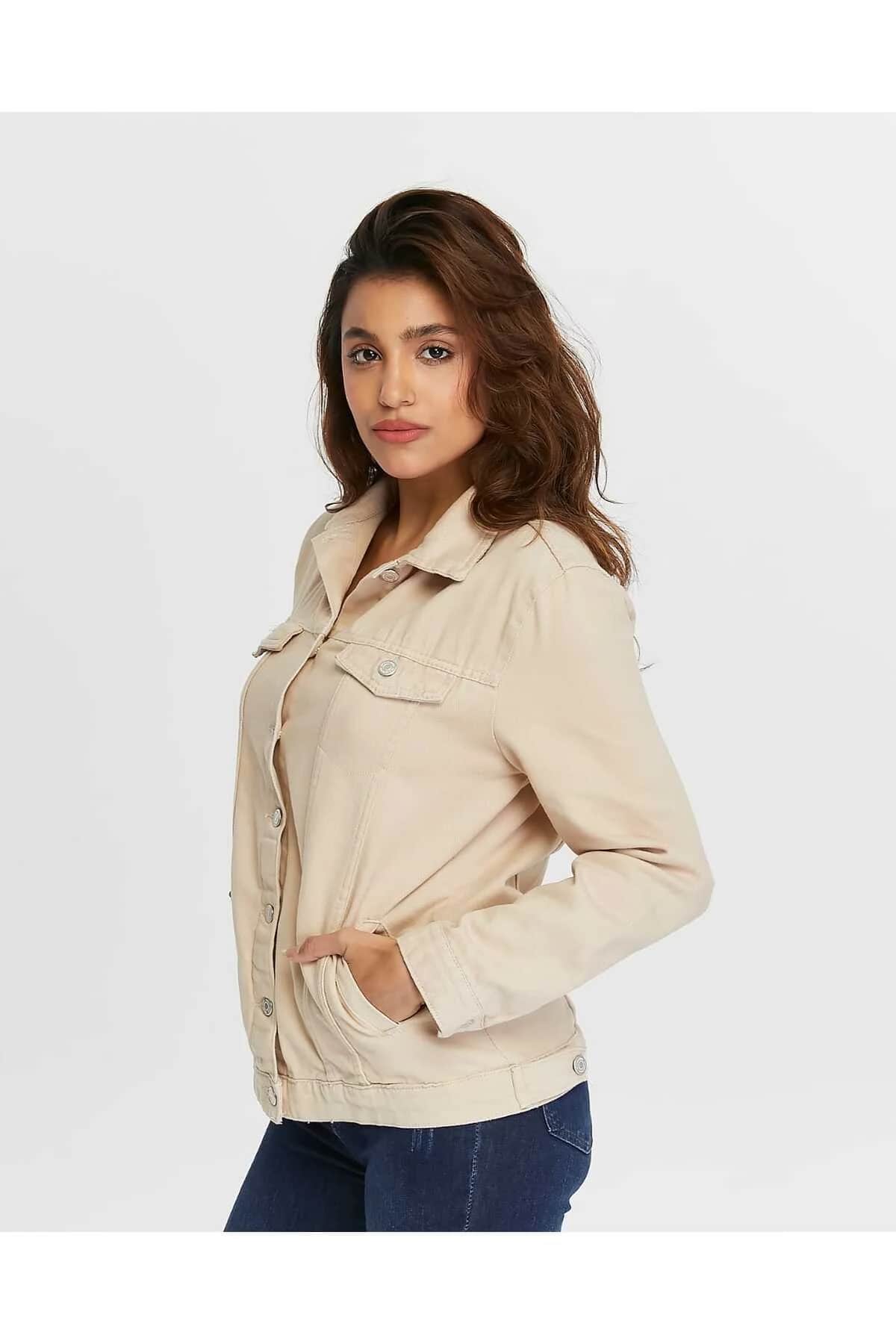 Çift Cepli Bej Boyfriend Kadın Gabardin Ceket