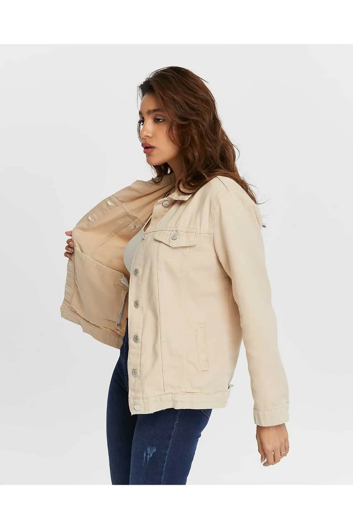 Çift Cepli Bej Boyfriend Kadın Gabardin Ceket