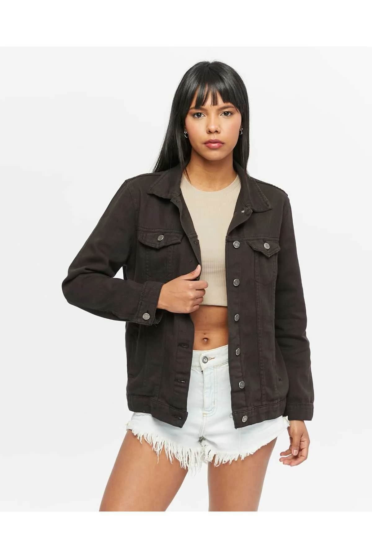 Çift Cepli Siyah Boyfriend Kadın Gabardin Ceket