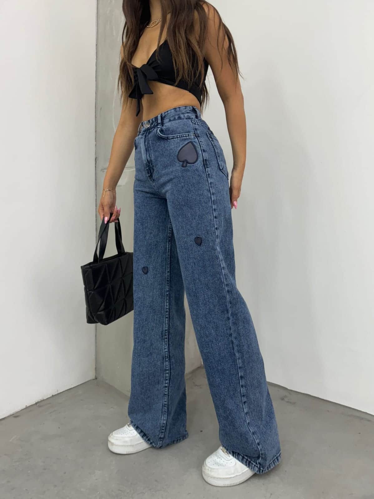 Vovikon KN Kalp Nakışlı Taş Yıkama Kot Kadın Boyfriend Bol Paça Jean Pantolon