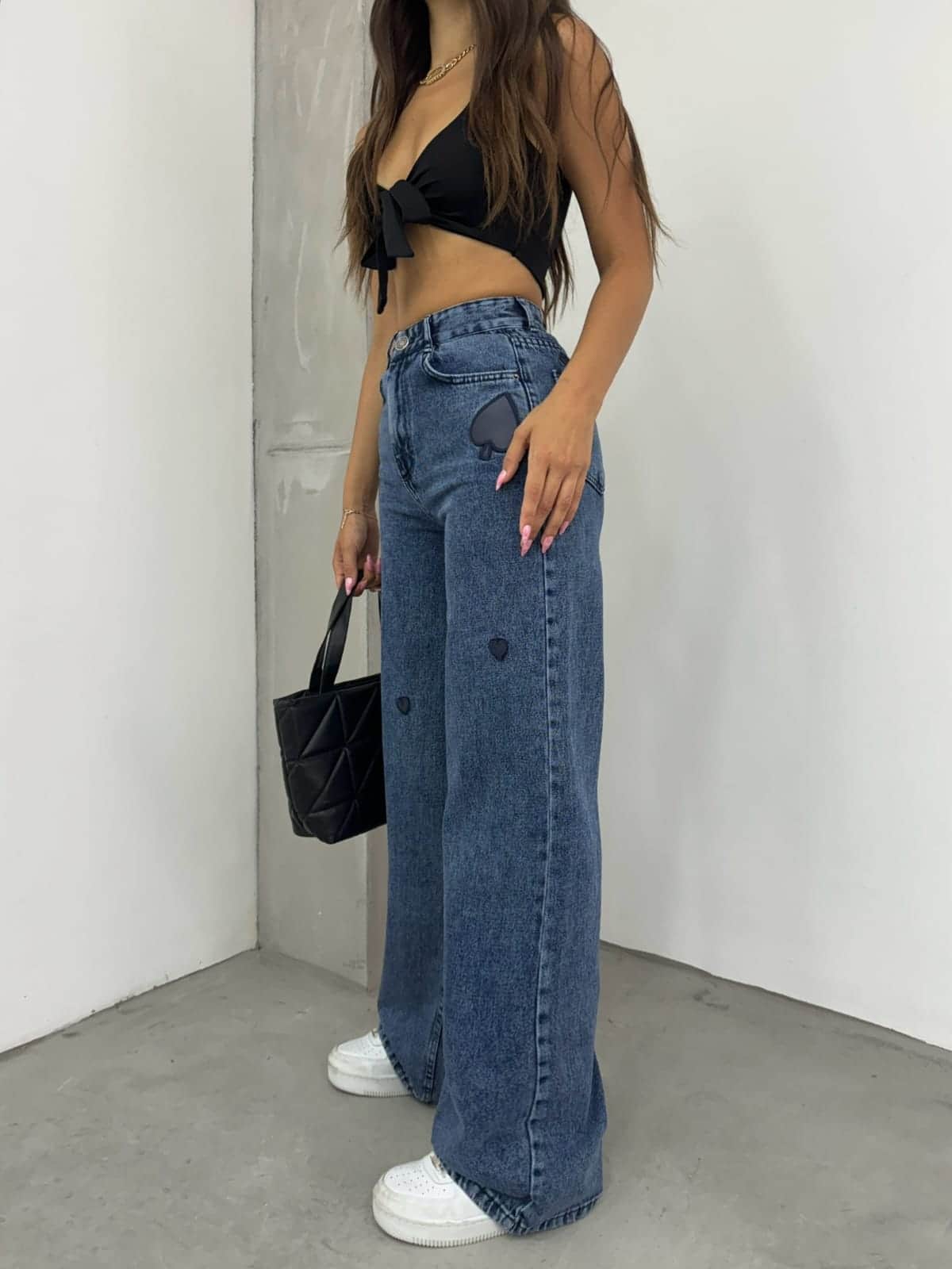 Vovikon KN Kalp Nakışlı Taş Yıkama Kot Kadın Boyfriend Bol Paça Jean Pantolon