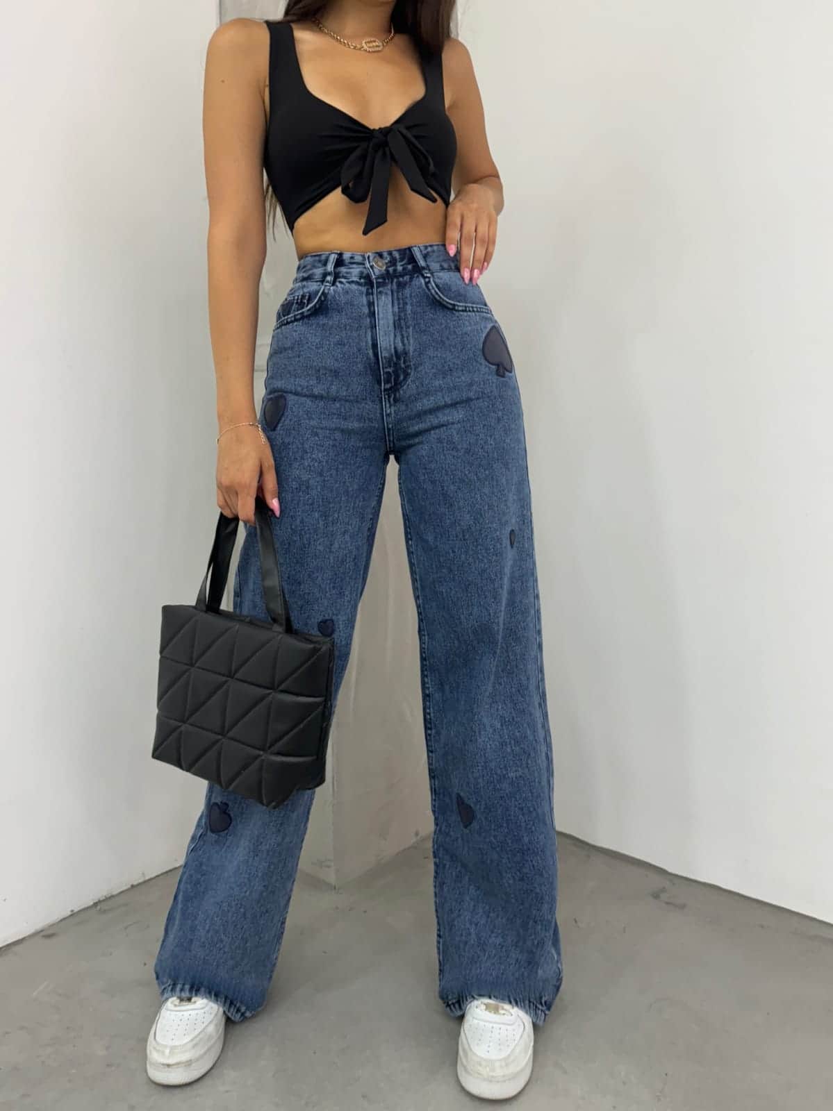 Vovikon KN Kalp Nakışlı Taş Yıkama Kot Kadın Boyfriend Bol Paça Jean Pantolon