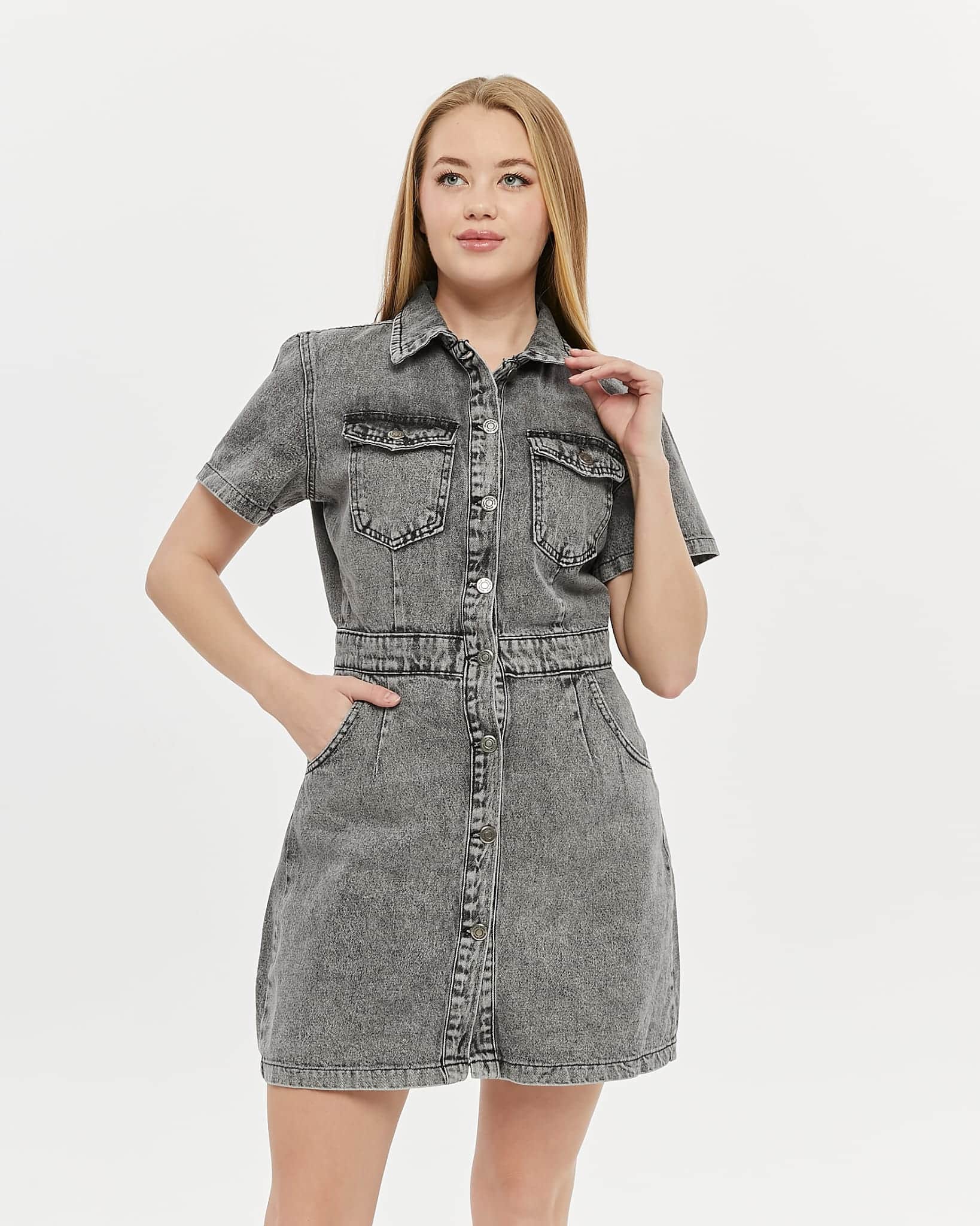 Vovikon KN Ön Arka Pensli Denim Kar Siyah Kadın Kot Elbise